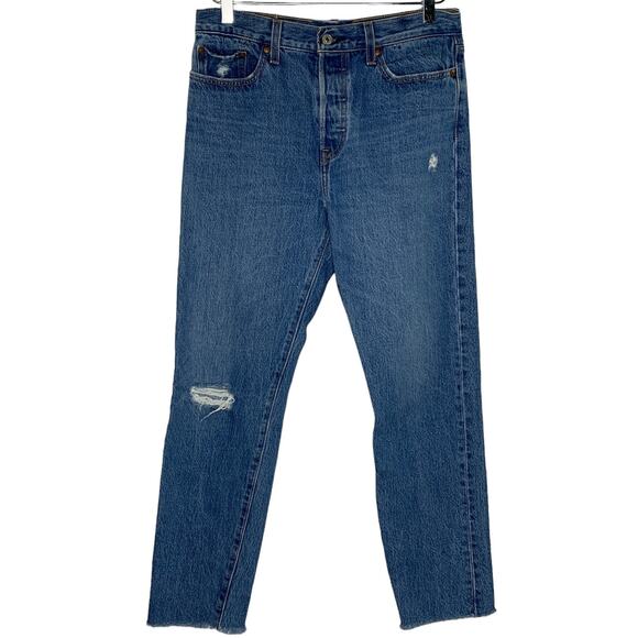Levis 29 Premium Womens Straight Fit Jeans Raw Hem Medium Blue Distressed - Picture 1 of 10
